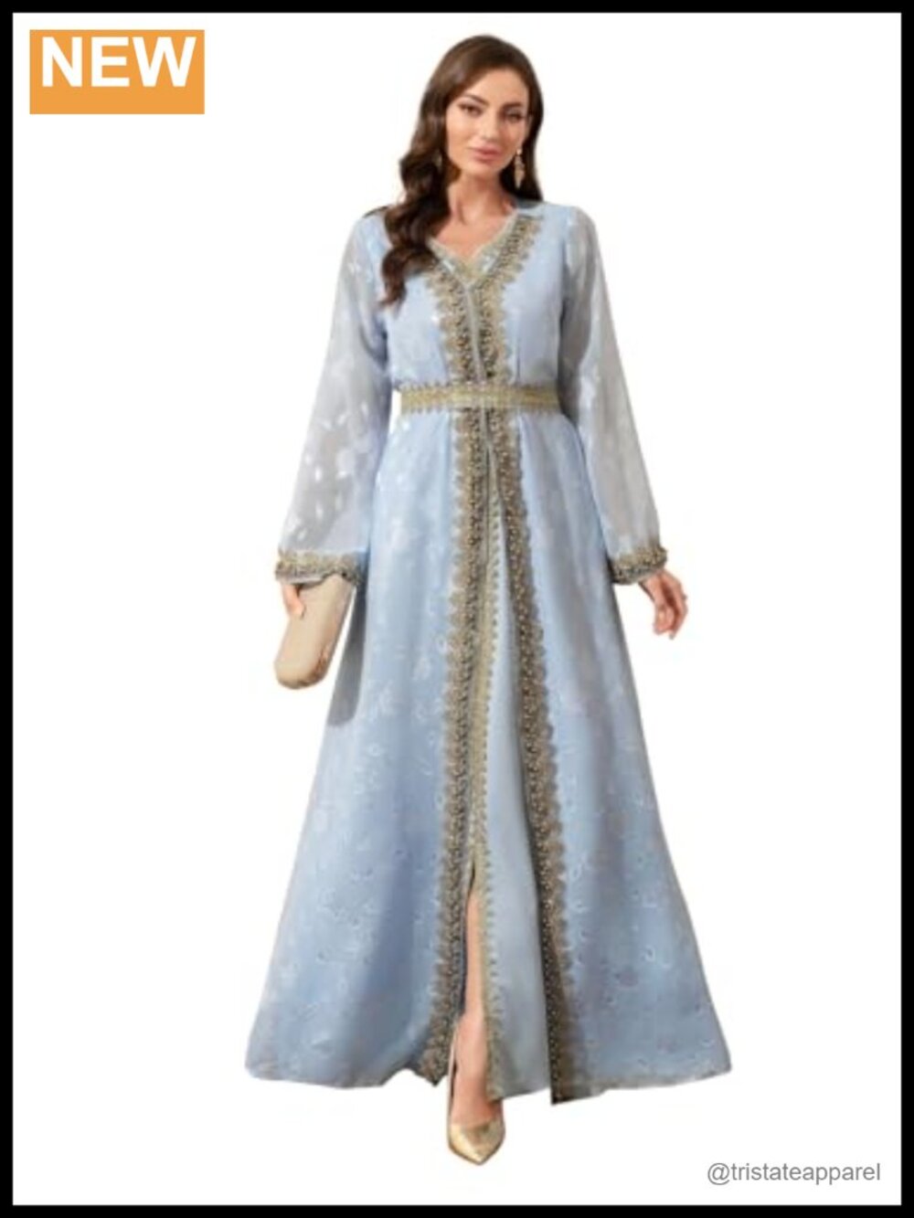 Embroidered Lace Maxi Kaftan Abaya V-Neck Long Sleeve Formal Dress